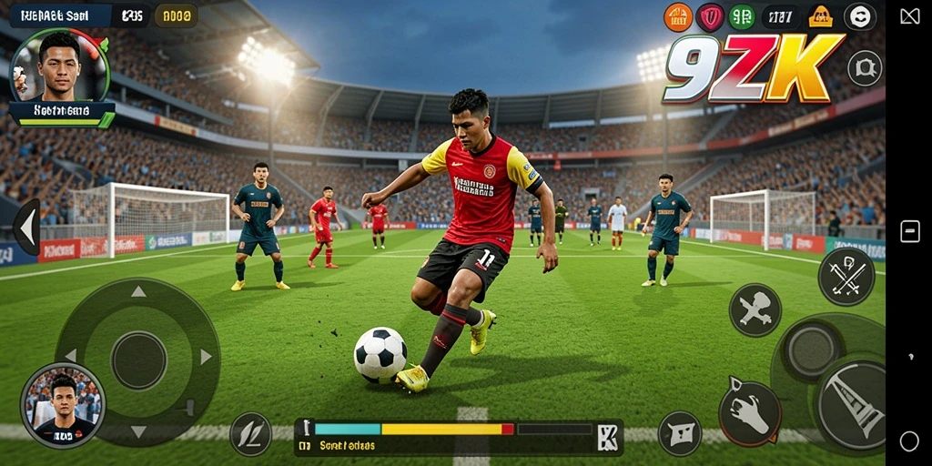 Screenshot utama 9ZK menunjukkan suasana pertandingan sepak bola yang intens.