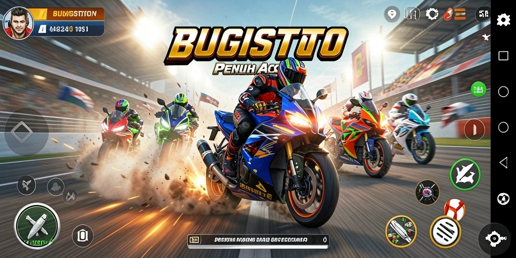 Gambar gameplay dinamis di BUGISTOTO dengan balapan motor yang mendebarkan.