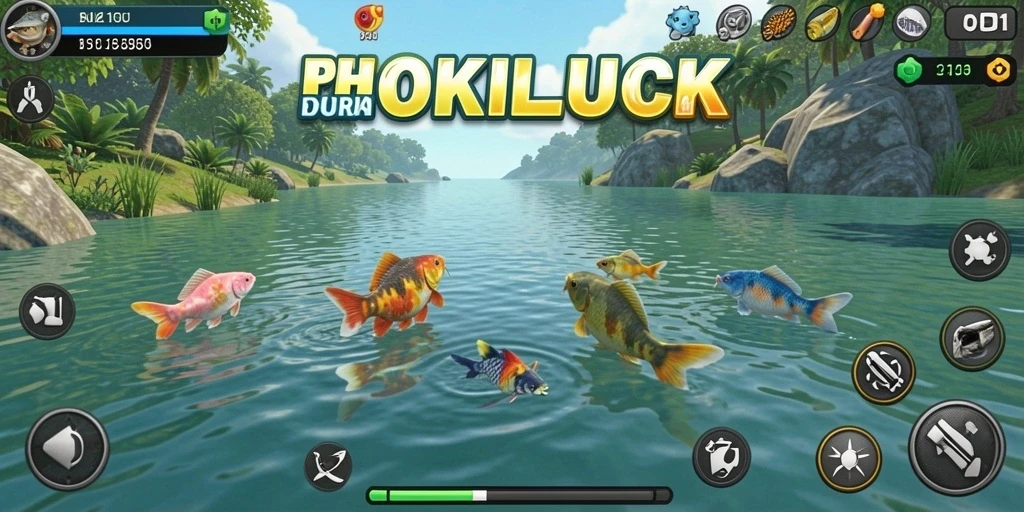 Screenshot utama HOKILUCK menampilkan aksi memancing yang seru di air yang jernih.