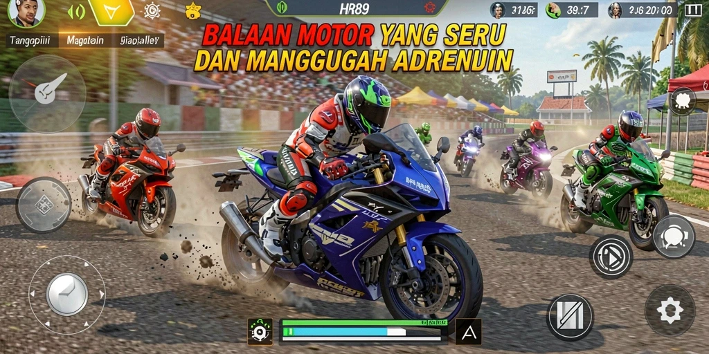 Screenshot gameplay HR89 memperlihatkan balapan motor yang mendebarkan di lintasan yang menantang.