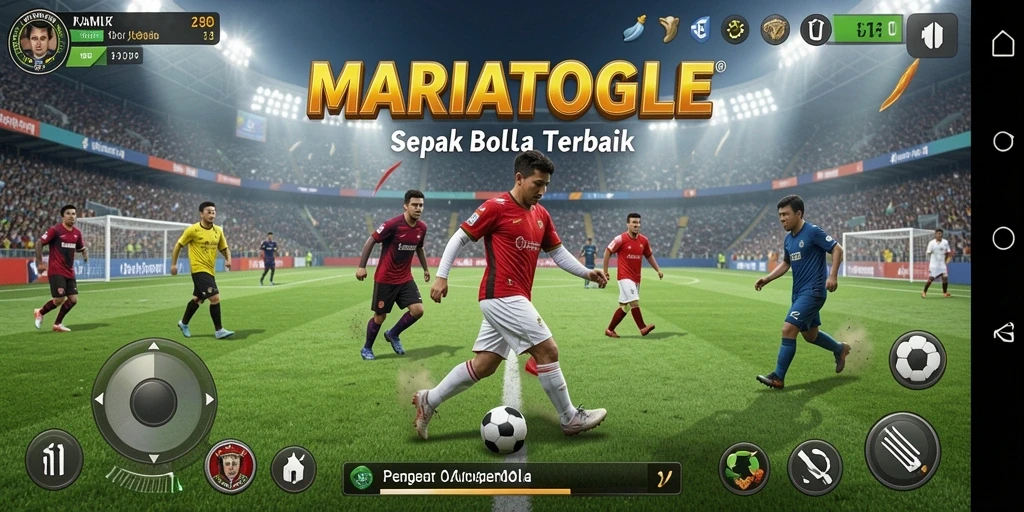 Tampilan keseluruhan gameplay pertandingan sepak bola yang intens.