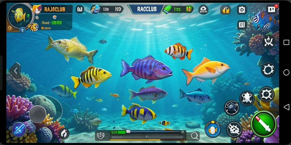 Tangkapan layar RAJACLUB menampilkan aksi seru menembak ikan di laut.