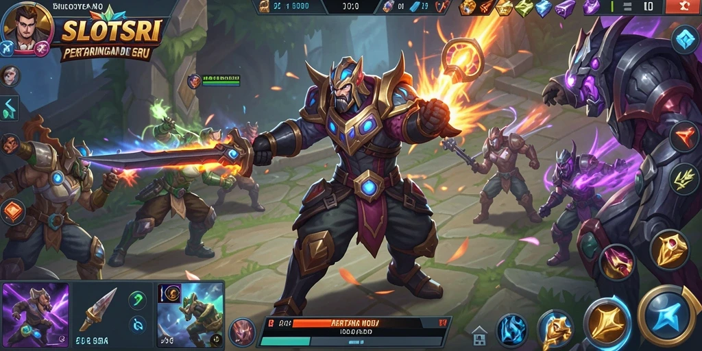 Screenshot utama SLOTSRI menampilkan pertarungan seru di arena MOBA.