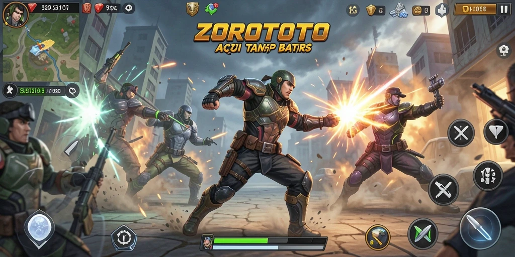 Tangkapan layar utama ZOROTOTO menampilkan aksi seru para karakter.